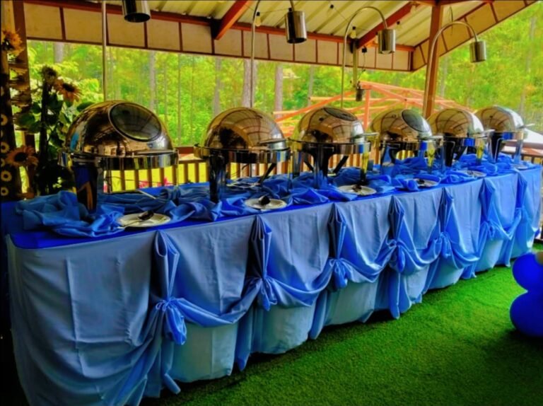 Cafe Esquinita catering buffet in a garden pavilion with blue drapes